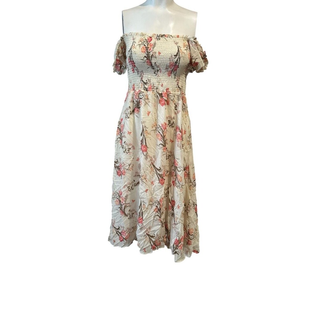 REFORMATION Leila Pink Floral Print INKA Smocked Bodice Slit Crepe Dress M - Picture 3 of 14